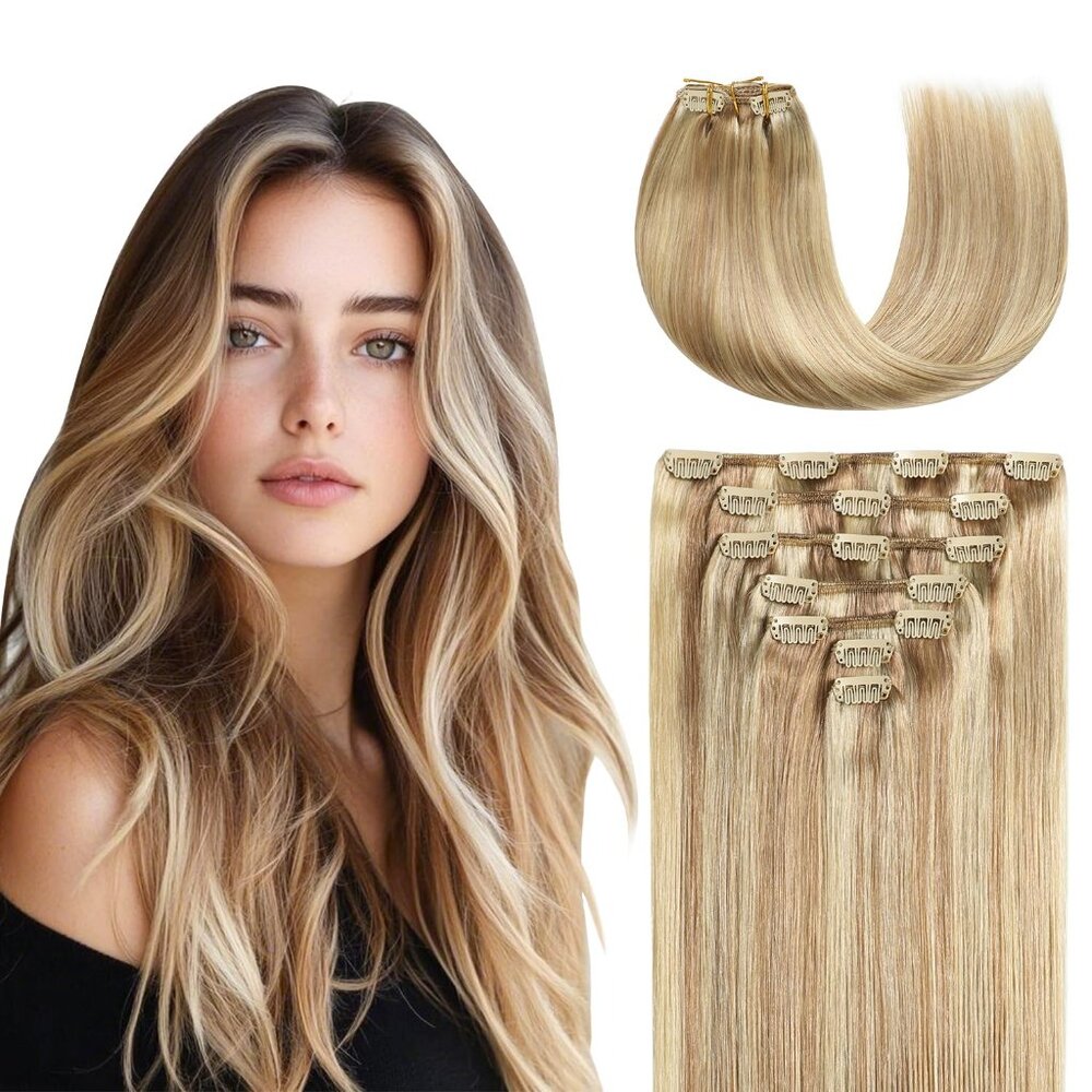Clip In Hair Extensions Human Hair 16in 120g 7pcs Ash Blonde Highlights